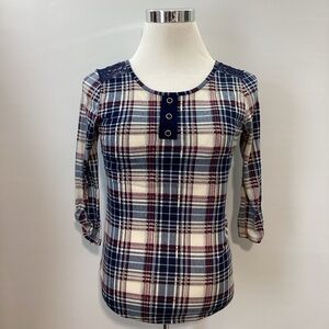 A0523 Plaid Button-Detail Lace Women's Top